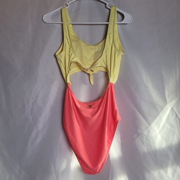 OP Ocean Pacific Cutout One Piece Swimsuit Size L Yellow Pink - Picture 3 of 11